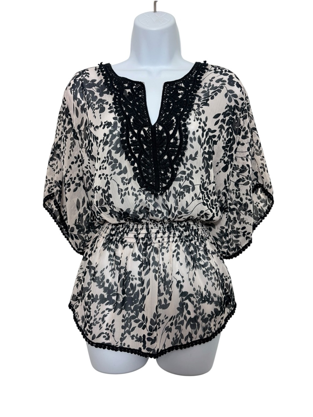 Cocomo Floral Lace Trim Resortwear Kimono Sleeve Boho Festival Peplum Top SzM